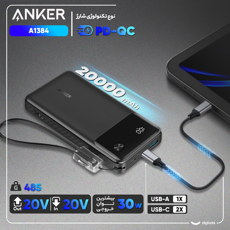 پاوربانک 30 وات انکر مدل A1384 ظرفیت 20000 میلی آمپر به همراه کابل USB-C - Image 2
